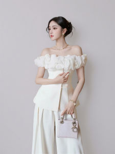 Elegant French Style White Off-Shoulder Top and High Waist Wide Leg Pants Set