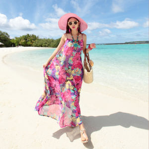 New 2023 Summer Large Size Chiffon Printed Dress Beach Vacation Long Dress For Women High Waist Sling Style Bohemia Style
