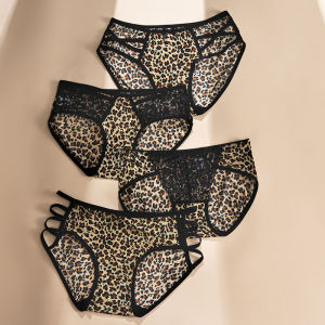 Renda seksi seluar dalam sutera ais lancar wanita Leopard cetak tali silang Mid-waist Butt Lift Briefs Lace Trimmed Cotton Crotch