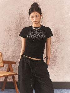 Sanowers American Style Spicy Sweet Heart Printed Rhinestone Short Sleeve T-Shirt for Women Summer Crewneck Cotton Polyester Blend