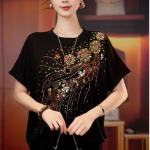 HUAXUNRAN | Stylish Diamond-Decorated Blouse Short Sleeve T-shirt