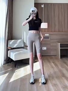 กางเกงขาสั้น กางเกงเลกกิ้งขาสั้น กางเกงเอวสูง กางเกงโยคะ กางเกงออกกำลังกายผู้หญิง เป้าสามเหลี่ยม แบบไร้ตะเข็บหน้าเป้าไม่ยิ้ม