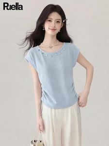 puella | Summer Blue Fashion Round Neck Short Sleeve Waist-Cinched T-Shirt