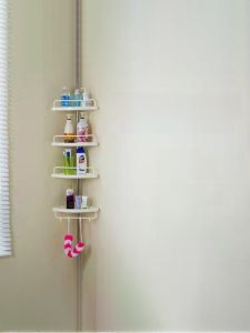 ชั้นวางของในห้องน้ำชั้นวางของสแตนเลสแบบยืดหดได้ตั้งพื้นสำหรับติดผนังห้องน้ำเข้ามุมทรงสามเหลี่ยมเก็บของห้าชั้นไม่ต้องเจาะรู