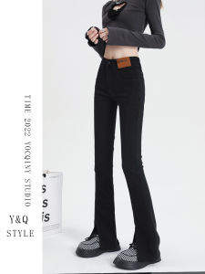 High Waist Black Slit Denim Jeans Womens Micro Flared Spring Autumn 2022 Slimming Long Street Style Trendy INS Cotton Stretch