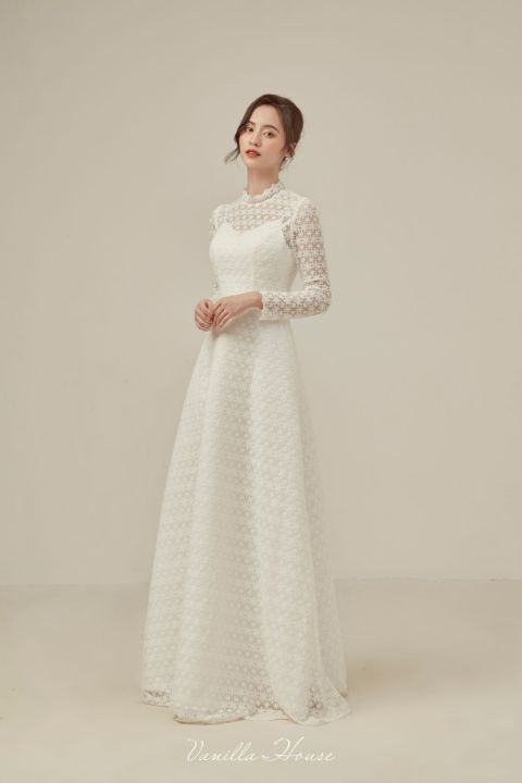 Đầm Phối Ren Váy Cưới Ảo Giác Tay Dài Satin Váy Cưới Vintage Chữ A Đầm Cô  Dâu Đầm Vestido De Nnoiva / Wedding Dresses