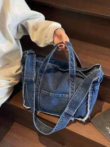 กระเป๋าถือทรงโตต์ผ้าเดนิมสำหรับผู้หญิง กระเป๋าสะพายข้างแบบสะพายข้างสำหรับใส่ไปเรียน ความจุขนาดใหญ่ กระเป๋าใส่ของสำหรับเด็ก