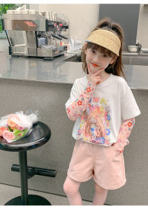 Girls Pure Cotton Sun Protection Fake Two-Piece Long Sleeve T-Shirt Half Sleeve Clothes Summer New Childrens Top Breathable