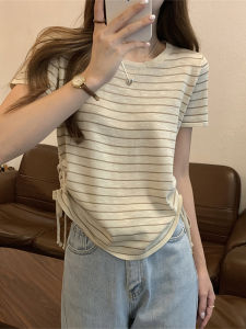 Summer Thin Ice Silk Bamboo Knit Short Sleeve Womens T-Shirt Drawstring Waist Slimming Design Stripe Top Korean Style Casual Wear