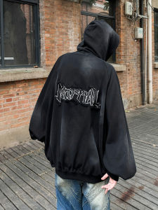 American Style Dirtied Hoodie Mens Spring Autumn Loose Fit Gothic Lettering Open Cardigan Jacket Casual Trendy Brand
