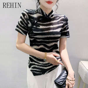 REHIN Retro buckle leopard print Short Sleeve T-shirt fashionable High-neck slimming and age-reducing printed S-3XL Women Blouse