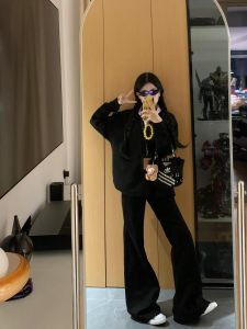 Black High Waist Slim Fit Stretchy Long Bell Bottom Jeans Womens Autumn High Rise Tapered Leggings Elastic Floor Length Pants