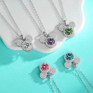 S925 Sterling Silver 1CT Moissanite Pendant Necklace Women Fashion Luxury Jewelry Mickey Mouse Head Design