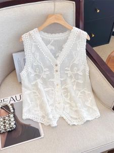 AIYITI | Elegant Embroidered V-neck Sleeveless Vest Jacket Plus Size Womens Fashionable Summer 2025 Outerwear Comfortable Fit Top