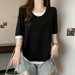 DAIXIANGFEIZI | Áo Thun Ngắn Tay Kẻ Sọc Slim Fitting Giả Hai Mảnh