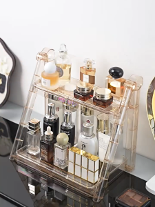 Easyhome.sg Transparent Folding Storage Rack | Double-Layer Cosmetic & Skincare Organizer | Space-Saving Desk Shelf