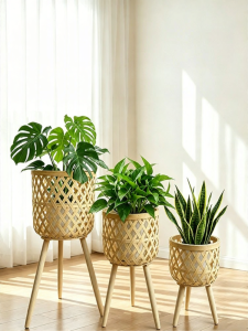 Rustic Woven Bamboo Flower Basket Stand