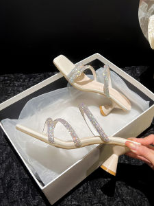 Beautiful Super Flash Rhinestone French Style High Heel Slippers Womens Summer Outwear Mid Heel Strap Large Small Size 32 Thin Strap Sandals