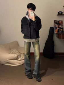 Washed Vintage American Style Jeans Mens Straight Leg Slim Fit Clean Fit Flared Pants Yellow Mud Dye Casual Wear Jeans