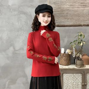 Áo Thun Dài Tay Cổ Cao Thêu Dervo Mùa Thu Đông Mới Phong Cách Trung Hoa Cổ Điển Cỡ Lớn Áo Sơ Mi Dân Tộc Trung Quốc