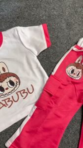 Stelan Anak Perempuan Motif Labubu Model Cargo Strip Bahan Babyterry Usia 1-6 Tahun Ala Korea