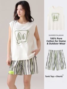 MiiOW | Pure Cotton Summer Sleepwear Womens Sleeveless Vest Shorts Set Loose Plus Size Home Clothes Comfortable Breathable Nightgown