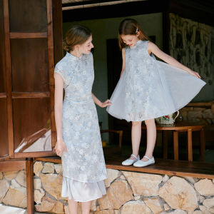 XIANGYING | New Chinese Style Cheongsam Dress Blue Stand-collar Dress