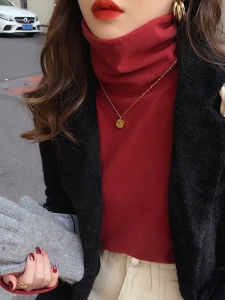 Fashionable High Collar Long Sleeve Faux Fur Inner Red Top Womens Base Shirt Winter 2025 New Style Korean Style Slim Fit