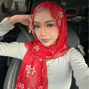 Jifang Elastic Stamping Gold Foil Flower Ruffle Edge Thin Breathable Shawl Long Pashmina Head Scarf Wraps Muslim Hijab Shawls 200*40cm FX63