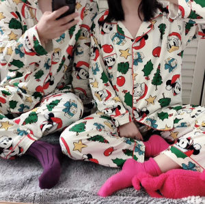 Autumn Winter Cartoon Christmas Tree Couple Matching Long Sleeve Pure Cotton Sleepwear Two Piece Set Home Leisure Clothing