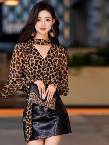 เสื้อเชิ้ตแขนยาวคอวีลายเสือดาวสไตล์ย้อนยุคสำหรับผู้หญิง ทรงหลวม แฟชั่นฤดูใบไม้ร่วง/ฤดูหนาว เสื้อเชิ้ตแขนยาวแบบลำลอง ดีไซน์เก๋ไก๋