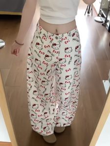 Quần Dài Ống Rộng in Họa Tiết HelloKitty Màu Trắng Cho Nữ Mùa Xuân Quần Dài Ống Đứng Rộng Rãi Thoải Mái Dễ Thương