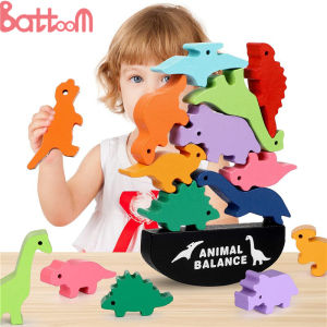Children Montessori Wooden Animal Balance Blocks Board Games Toy Dinosaur Educational Stacking High Building Block Wood Toy Boys