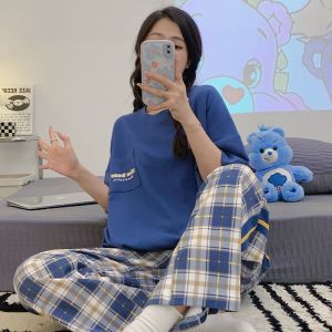 Bộ Đồ Ngủ Cotton Nguyên Chất Mùa Hè Cho Nữ Có Đệm Ngực Quần Dài Quần Ống Rộng Quần Bó Phong Cách Hàn Quốc Bộ Đồ Ngủ