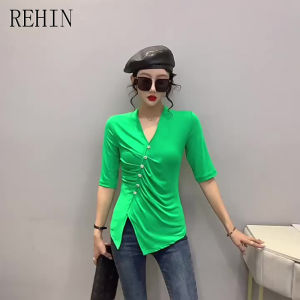 REHIN Womens top New Summer V-neck short-sleeved T-shirt irregular slim fit S-3XL button-up shirts