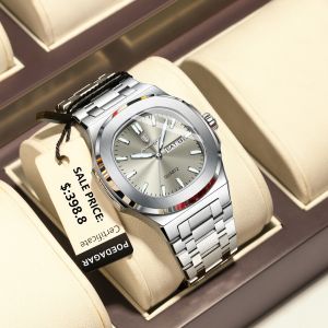 POEDAGAR Luxury Men Watch Stainless Steel Square Mens Watches Luminous Waterproof Date Week Wristwatch Sports Business Quartz Watch for Men