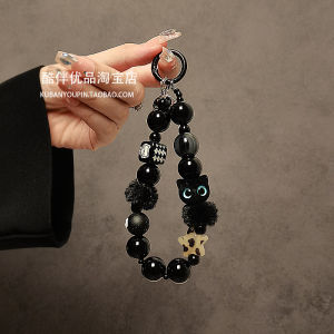 Original Design Black Stuffed Cat Beaded Handle Chain Wrist Lanyard Phone Case Car Key Ring Handbag Pendant