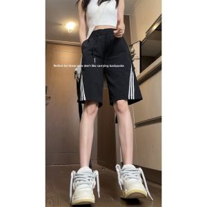 Black Stripe Sports Shorts Womens Loose Fit Quick Dry Casual Mid-Length Pants Summer New Arrival plus Size Five-Quarter Length
