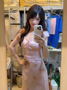 No Brand | ชุดเดรสสั้นแขนสั้นพิมพ์ลายดอกไม้สีชมพู คอวี สไตล์ฝรั่งเศส สำหรับฤดูร้อน