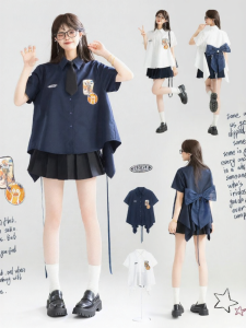 Keiko | Áo Sơ Mi Tay Ngắn Trang Trí Hoa Văn Nơ Đáng Yêu