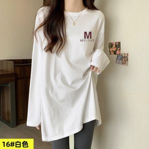 Womens Pure Cotton Long Sleeve T-Shirt Mid-Length Loose Fit Bottoming Shirt Cover Butt Sharkskin Pattern Korean Style Commute