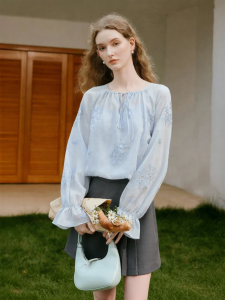 XIANGYING | Elegant Design Blue V-Neck Shirt