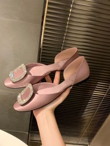 รองเท้าส้นแบนผ้าไหมซาตินสไตล์ฝรั่งเศสแบบสี่ฤดู หัวกลม หัวเข็มขัดเพชร รองเท้าส้นแบนแบบสวมสำหรับผู้หญิง ทรงหัวมน วัสดุด้านในเป็นหนัง