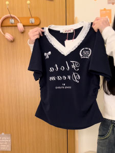 Short Sleeve T-Shirt Lace V-neck Shoulder Bear American Letter Print Cotton Polyester Blend Summer Top Womens College Style