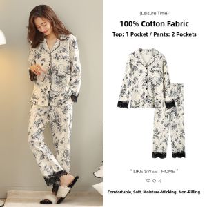 miiow | Womens Pure Cotton Sleepwear Long Sleeve Floral Print Lace Trim Long Pants Home Clothes Thin Set Comfortable Spring Autumn