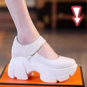 Giày Đế Cao Bằng Da Mary Jane Đế Cao Trong Suốt Cho Nữ Mùa Xuân Hè 2024 Giày Lười Dán Ma Thuật Giày Đơn Hở Mũi