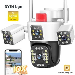 Camera IP Ngoài Trời 6K 12MP WiFi Với Zoom Quang Học 10X Ba Ống Kính PTZ An Ninh CCTV Giám Sát Video Theo Dõi Tự Động Chống Chịu Thời Tiết