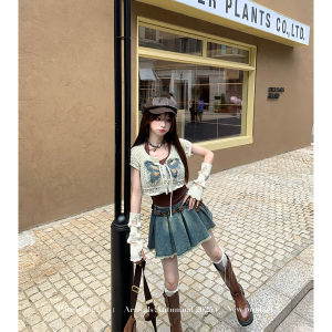 Butterfly Print Hollow Knit Blouse And Pleated Denim Skirt Set