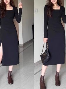 Autumn Spring High-end Style Hepburn Elegant Square Neck Waist-cinching Black Dress