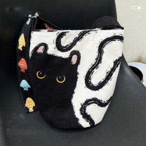 Laid-back Style Cat Print Canvas Bag Large Capacity Single Shoulder Tote Bag Korean Trend Youth Casual Bucket Shape Handbag